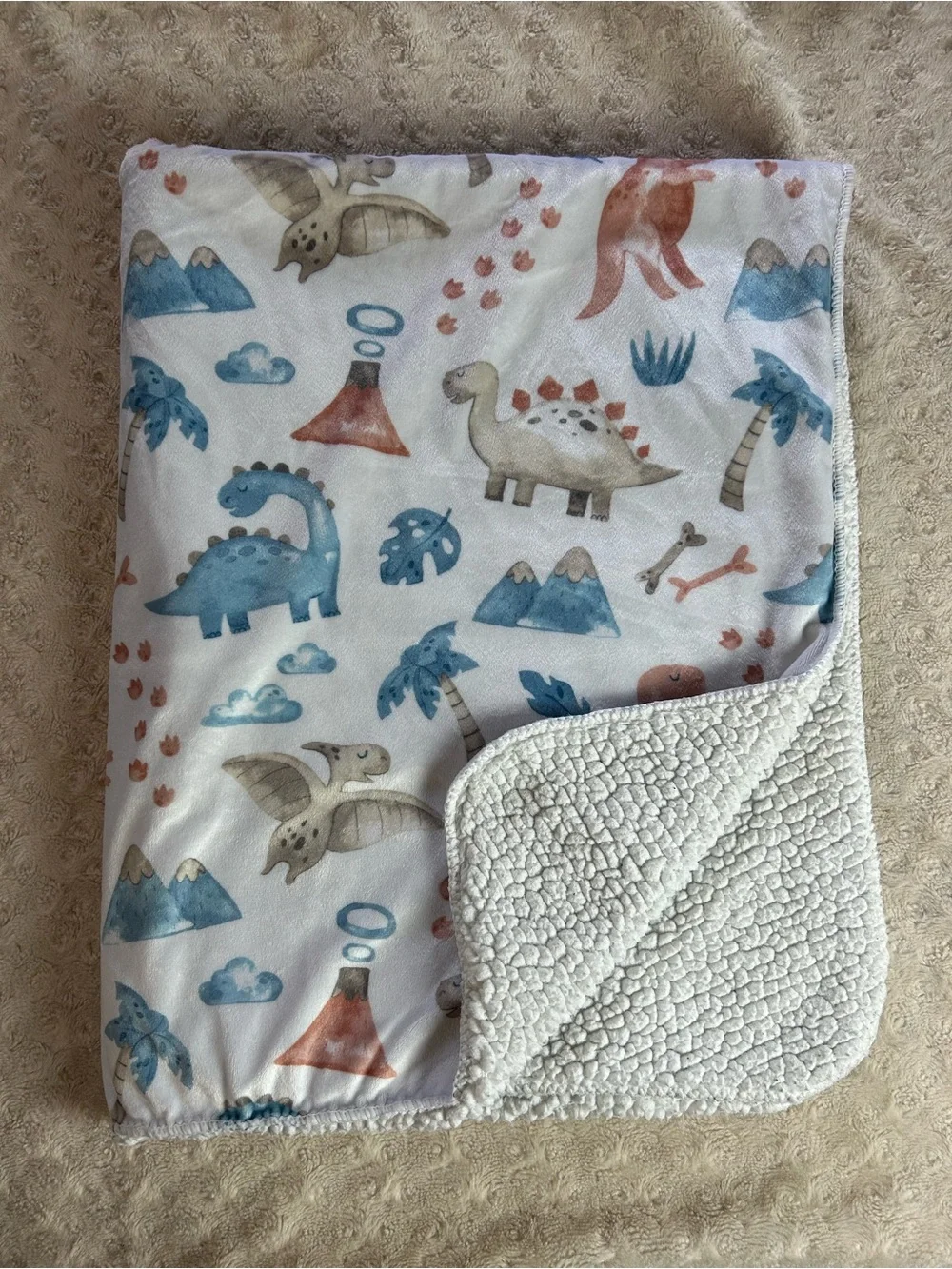 Blue White Dinosaur Baby Blanket Volcano Palm Tree Sherpa Clouds Mountains Bones